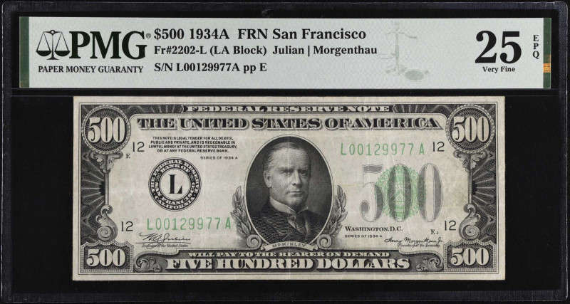 Fr. 2202-L. 1934A $500 Federal Reserve Note. San Francisco. PMG Very Fine 25 EPQ...