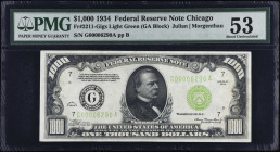 Fr. 2211-Glgs. 1934 $1000 Federal Reserve Note. Chicago. PMG About Uncirculated 53.
This Chicago $1000 displays the highly desirable light green trea...
