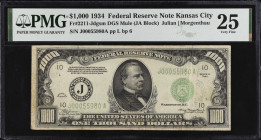 Fr. 2211-Jdgsm. 1934 $1000 Federal Reserve Mule Note. Kansas City. PMG Very Fine 25.
Back plate 6. A dark green seal variety of this mule $1000. PMG ...