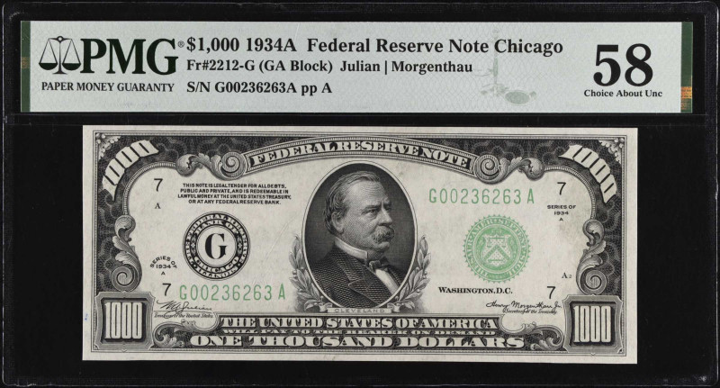 Fr. 2212-G. 1934A $1000 Federal Reserve Note. Chicago. PMG Choice About Uncircul...