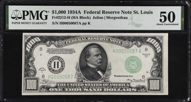 Fr. 2212-H. 1934A $1000 Federal Reserve Note. St. Louis. PMG About Uncirculated ...