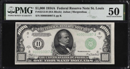 Fr. 2212-H. 1934A $1000 Federal Reserve Note. St. Louis. PMG About Uncirculated 50.
An appealing About Uncirculated example of this St. Louis $1000....