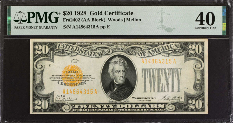 Fr. 2402. 1928 $20 Gold Certificate. PMG Extremely Fine 40.
Bold overprints are...