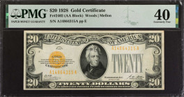 Fr. 2402. 1928 $20 Gold Certificate. PMG Extremely Fine 40.
Bold overprints are seen on this nicely circulated $20.
 Estimate: $250.00- $350.00