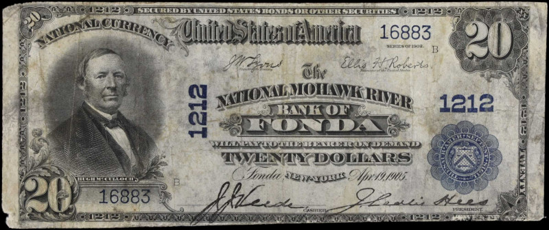 Fonda, New York. 1902 Plain Back $20 Fr. 650. The National Mohawk River Bank. Ch...