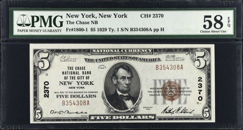 New York, New York. 1929 Ty. 1. $5. Fr. 1800-1. The Chase NB. Charter #2370. PMG...