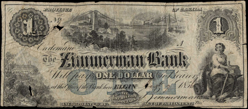 CANADA. The Zimmerman Bank. 1856, 1 Dollar. P-S2067. Very Good.
Typical damage/...