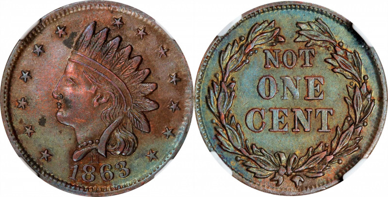 1863 Indian Head / NOT ONE CENT. Fuld-87/356 a. Rarity-1. Copper. Plain Edge. AU...