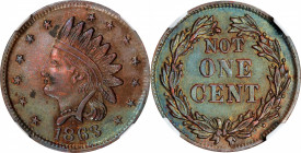 1863 Indian Head / NOT ONE CENT. Fuld-87/356 a. Rarity-1. Copper. Plain Edge. AU-58 BN (NGC).
20 mm.