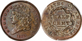 1835 Classic Head Half Cent. MS-63 BN (PCGS).
PCGS# 1168. NGC ID: 2233.