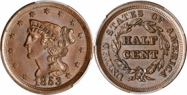 1853 Braided Hair Half Cent. MS-64 BN (PCGS).
PCGS# 1227. NGC ID: 26YX.