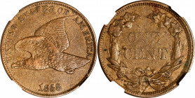 1858 Flying Eagle Cent. Large Letters, Low Leaves (Style of 1858), Type III. AU Details--Reverse Damage (NGC).
PCGS# 2019. NGC ID: 2277.