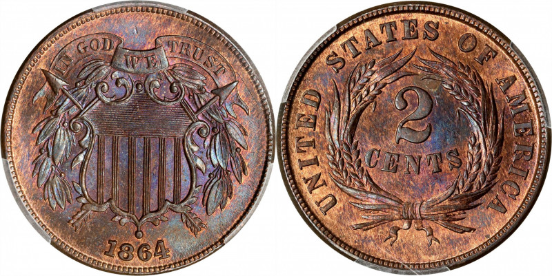 1864 Two-Cent Piece. Large Motto. MS-65 RB (PCGS).
PCGS# 3577. NGC ID: 22N9.