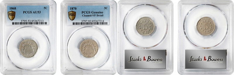 Lot of (2) Shield Nickels. (PCGS).
Included are: 1868 AU-53; and 1870 VF Detail...