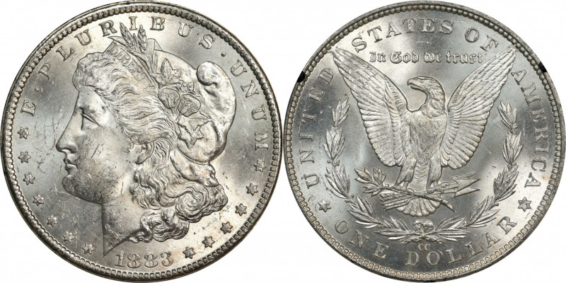 1883-CC GSA Morgan Silver Dollar. Mint State (Uncertified).
The original box an...