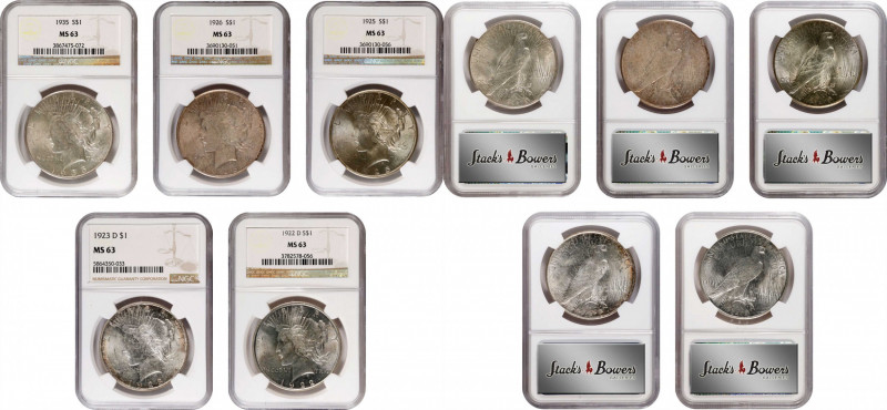 Lot of (5) Peace Silver Dollars. MS-63 (NGC).
Included are: 1922-D; 1923-D; 192...