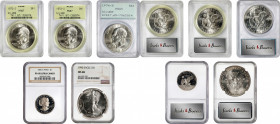 Lot of (5) Certified Modern Dollars and Silver Eagles.
Included are: Eisenhower Dollars: (2) 1972-S MS-67 (PCGS), OGH; 1974-S Silver Clad, MS-65 (PCG...