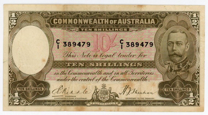 Australia 10 Shillings 1933 (ND)
P# 19, N# 202334; # CI 389479; VF