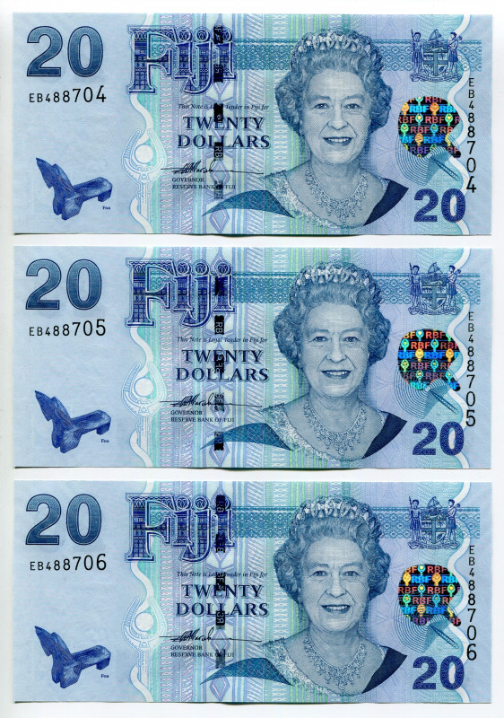 Fiji 3 x 20 Dollars 2007
P# 112, N# 207860; # EB 488704 - 06; With Consecutive ...