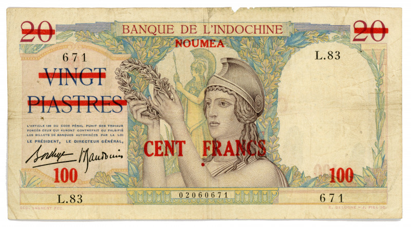 New Caledonia 100 Francs on 20 Piastres 1939 (ND)
P# 39, #L.83 02060671; Overpr...