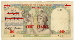 New Caledonia 100 Francs on 20 Piastres 1939 (ND)
P# 39, #L.83 02060671; Overprint: On French Indochina; F