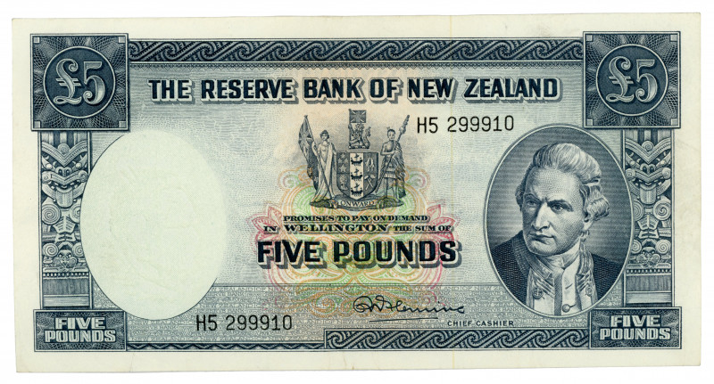 New Zealand 5 Pounds 1960 - 1967
P# 160c, N# 204073; #H5 299910; One tear at th...