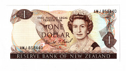 New Zealand 1 Dollar 1981 - 1992 (ND)
P# 169c, # AMJ858440; UNC