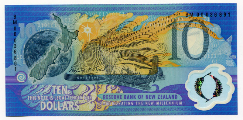 New Zealand 10 Dollars 2000
P# 190a, N# 223676; # BM 00036891; Polymer, New Mil...