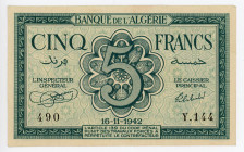 Algeria 5 Francs 1942
P# 91, N# 206297; # Y.144 490; Allied occupation