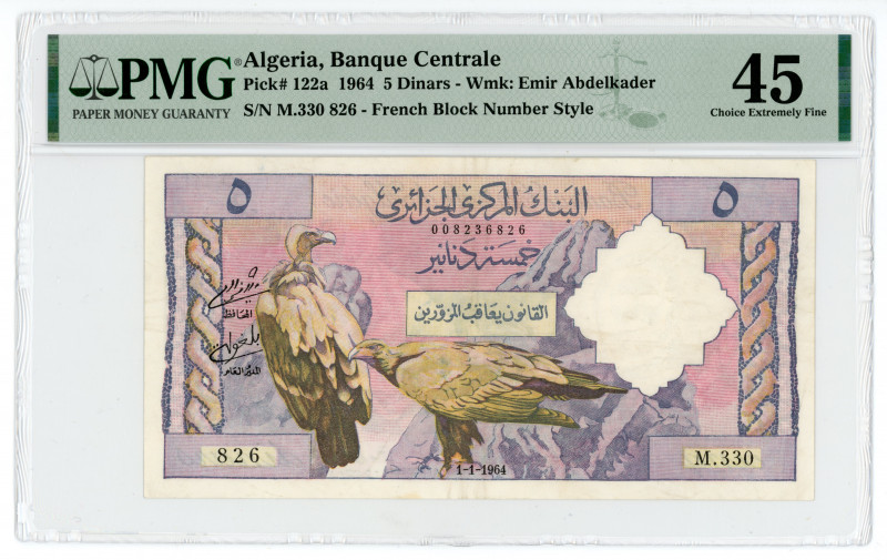Algeria 5 Dinars 1964 PMG 45
P# 122a, N# 213466; #M.330 826; Wmk: Emir Abdelkad...