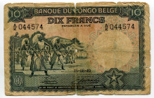 Belgian Congo 10 Francs 1949
P# 14E, N# 259106; # A/K 044574; VG, Tears