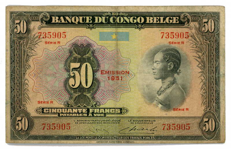 Belgian Congo 50 Francs 1951
P# 16i, N# 201819; #735905, Serie R; Overprint: EM...