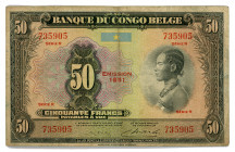 Belgian Congo 50 Francs 1951
P# 16i, N# 201819; #735905, Serie R; Overprint: EMISSION 1951; VF