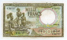 Belgian Congo 1000 Francs 1947 Rare
P# 19b, N# 259120; # F38737; VF