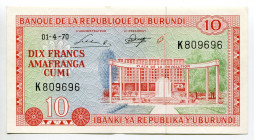 Burundi 10 Francs 1970
P# 20b, N# 254207; # K809696; AUNC