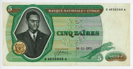 Congo Democratic Republic 5 Zaires 1971
P# 14a, N# 259301; #B4656086A; Rare year; VF