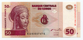 Congo Democratic Republic 50 Francs 2000
P# 91A, N# 218086; # KA0355747K; UNC