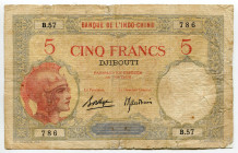 French Somaliland Djibouti 5 Francs 1928 - 1938 (ND)
P# 6b, N# 259647; # B.57 786; VF-