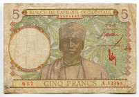 French West Africa 5 Francs 1943
P# 26, N# 268369; # A.13355 637; VF-