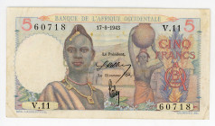 French West Africa 5 Francs 1943
P# 36, N# 201842; # V.11 60718; VF