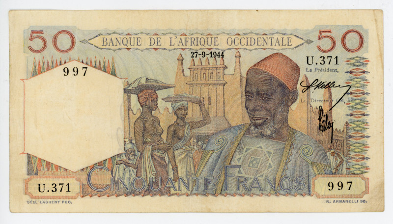 French West Africa 50 Francs 1944
P# 39, N# 220118; #U.371 997; VF