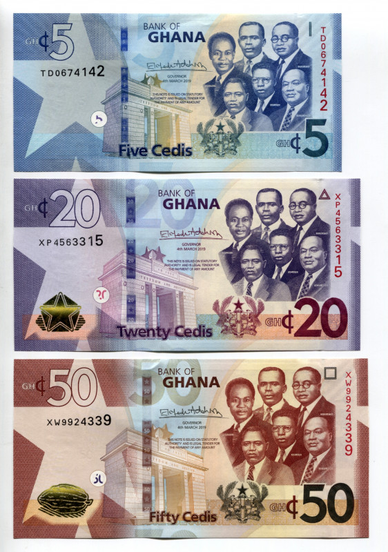 Ghana 5 - 20 - 50 Cedis 2019
P#46, 47, 49, # TD 0674142, XP4563315, XW9924339; ...