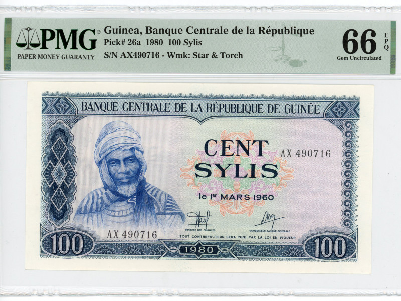 Guinea 100 Sylis 1980 PMG 66
P# 26a, N# 264674; # AX490716