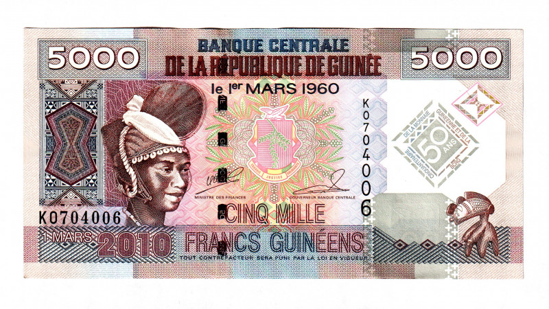 Guinea 5000 Francs 2010 Commemorative
P# 44b, N# 221083; # K0704006; UNC