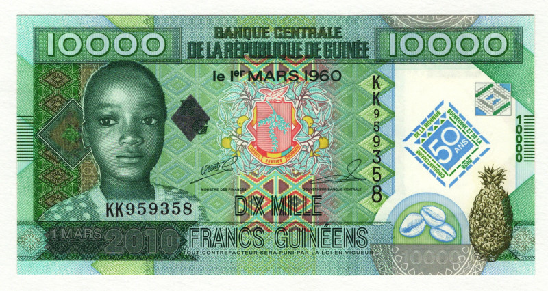 Guinea 10000 Francs 2010
P# 45, # KK959358; UNC