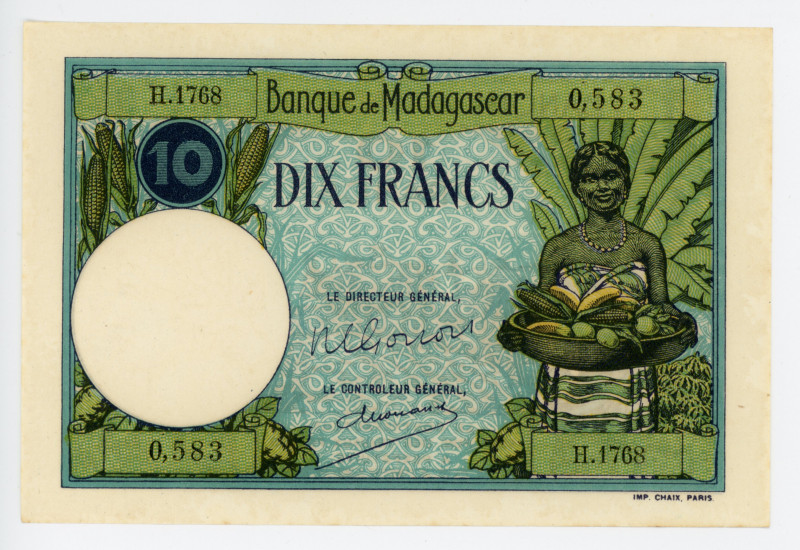 Madagascar 10 Francs 1937 - 1947 (ND)
P# 36, N# 206487; #H.1768 0,583; AUNC-UNC