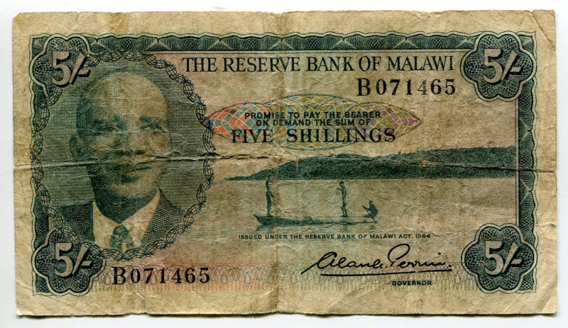 Malawi 5 Shillings 1964
P#1, N# 271475; # B071465; F