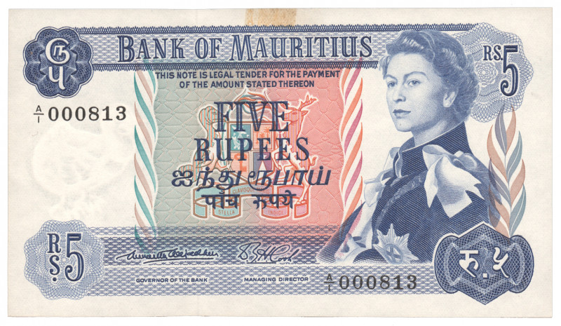 Mauritius 5 Rupees 1967 Serie A/1 RARE!
P# 30a, N# 215381; # A/1 000813; aUNC