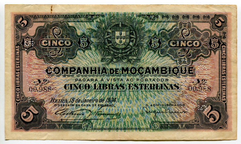 Mozambique Beira 5 Libras 1934 / 1942 Cancelled
P# R32, N# 203811; with Perfora...