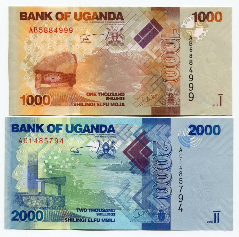 Uganda 1000-2000 Shillings 2010
P# 49a, 50a, N# 203869, N# 208857; # AB5884999,...